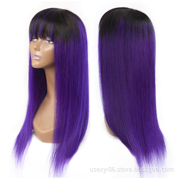Pre Colored Human Hair Wigs With Bangs 1B Purple Ombre Color Raw Indian Hair None Lace Wigs For Black Women